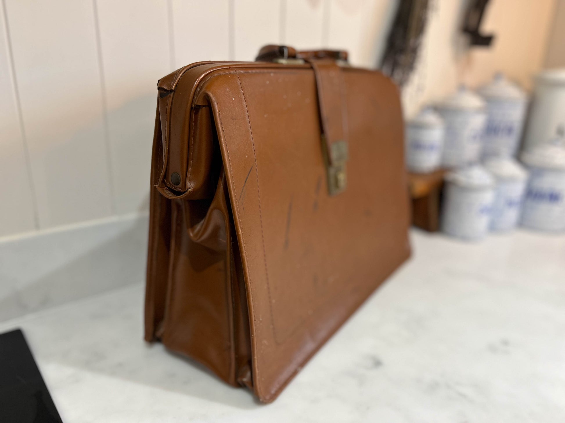 Vintage Hard Sided Leather Briefcase in Classic Brown