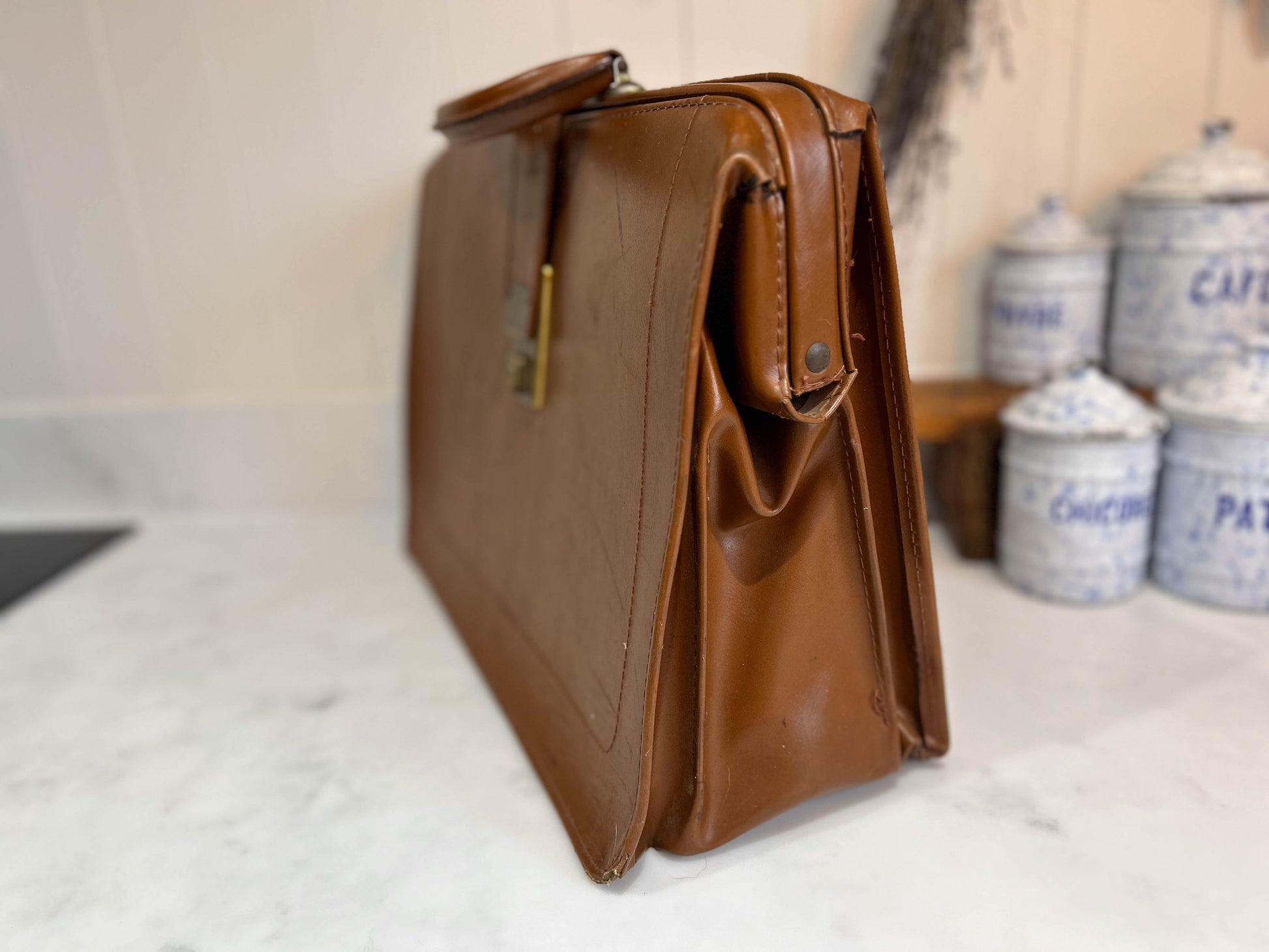 Vintage Hard Sided Leather Briefcase in Classic Brown