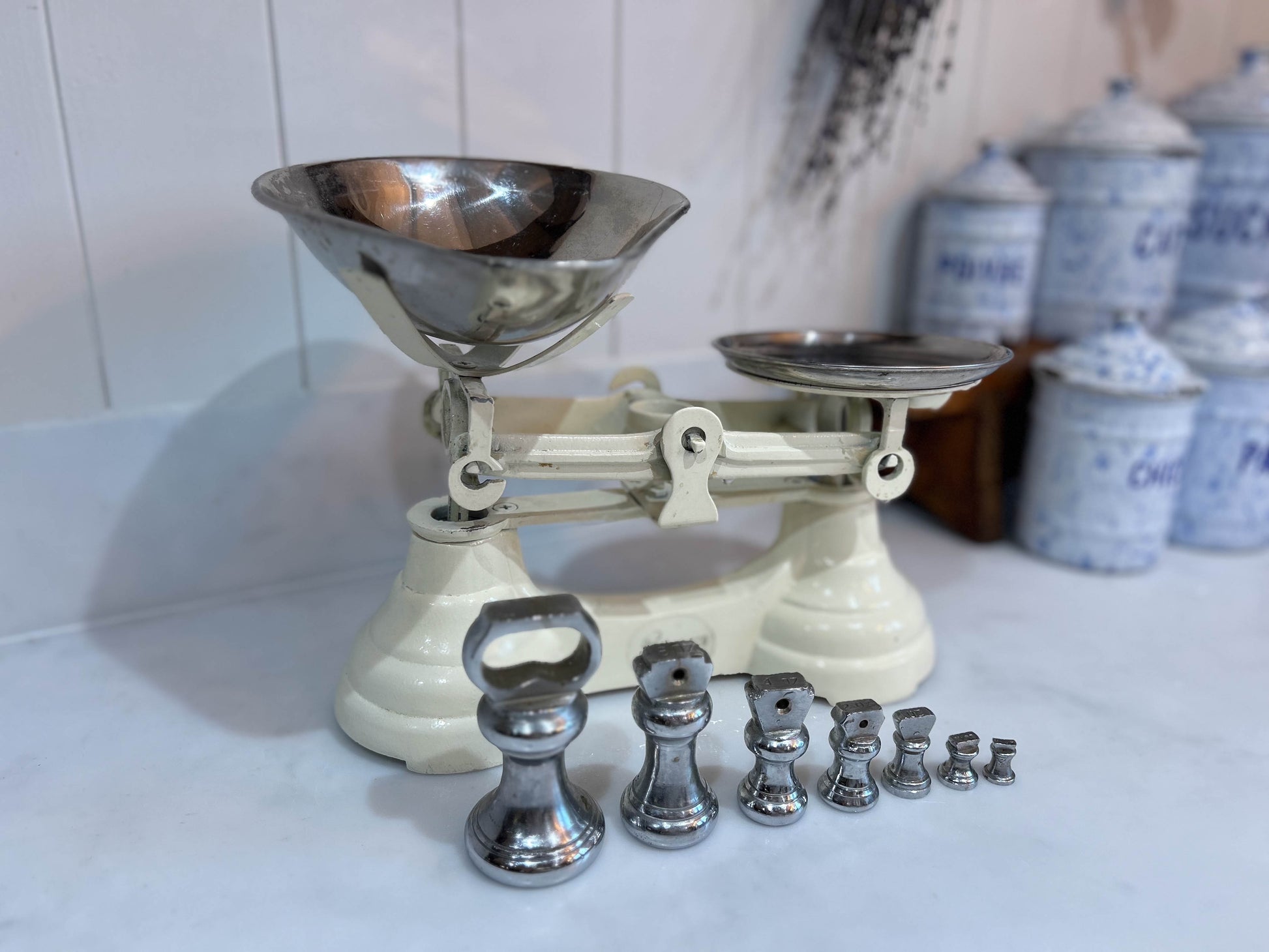 Vintage Heavy Antique Librasco White Cream Cast Iron Brass Birmingham Kitchen Weighing Scales with Chrome Weights