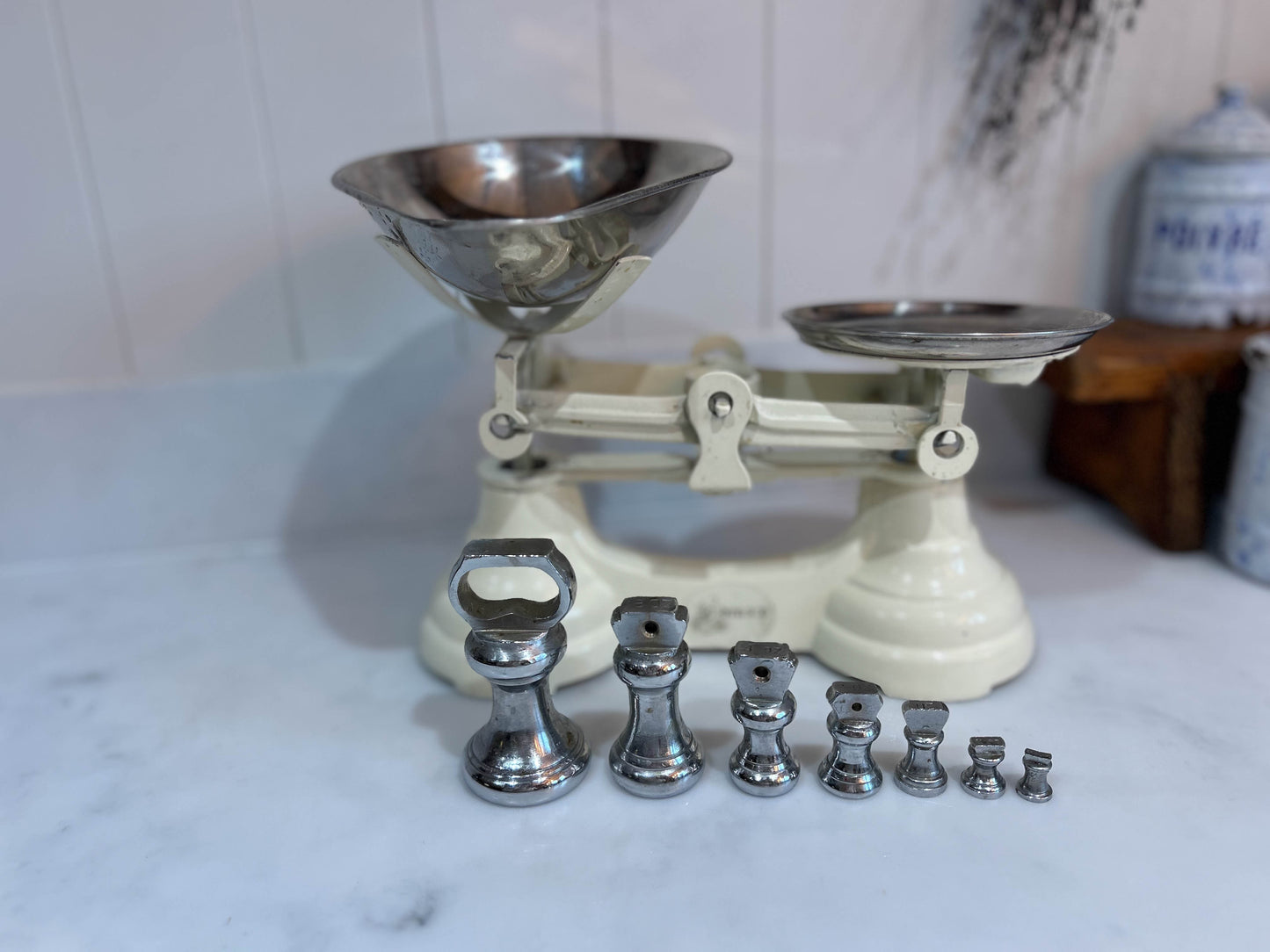 Vintage Heavy Antique Librasco White Cream Cast Iron Brass Birmingham Kitchen Weighing Scales with Chrome Weights