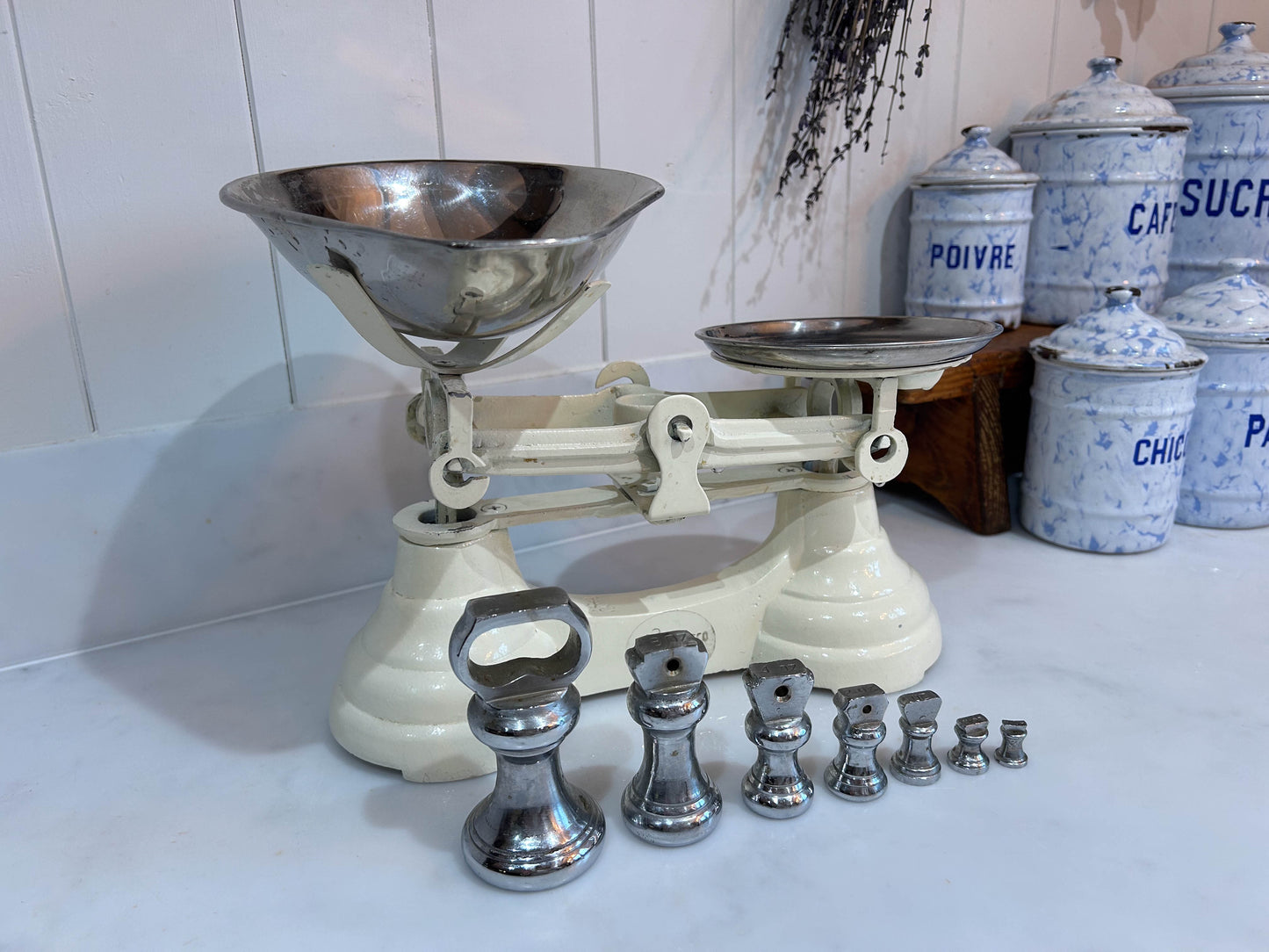 Vintage Heavy Antique Librasco White Cream Cast Iron Brass Birmingham Kitchen Weighing Scales with Chrome Weights