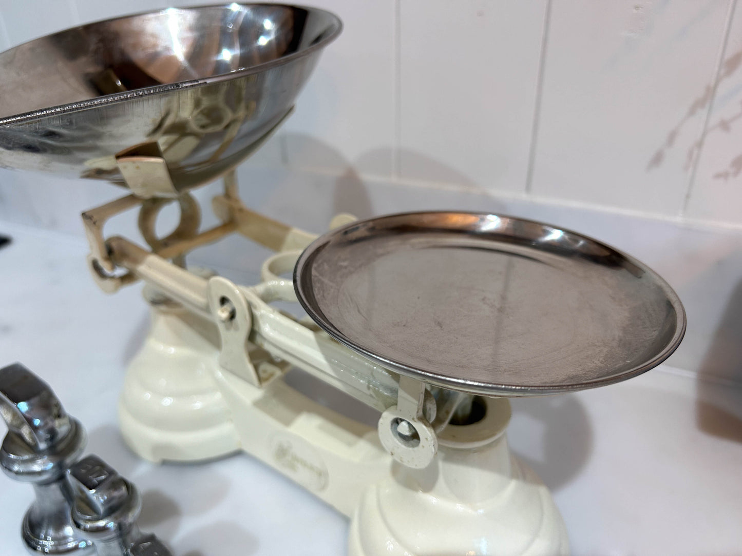 Vintage Heavy Antique Librasco White Cream Cast Iron Brass Birmingham Kitchen Weighing Scales with Chrome Weights