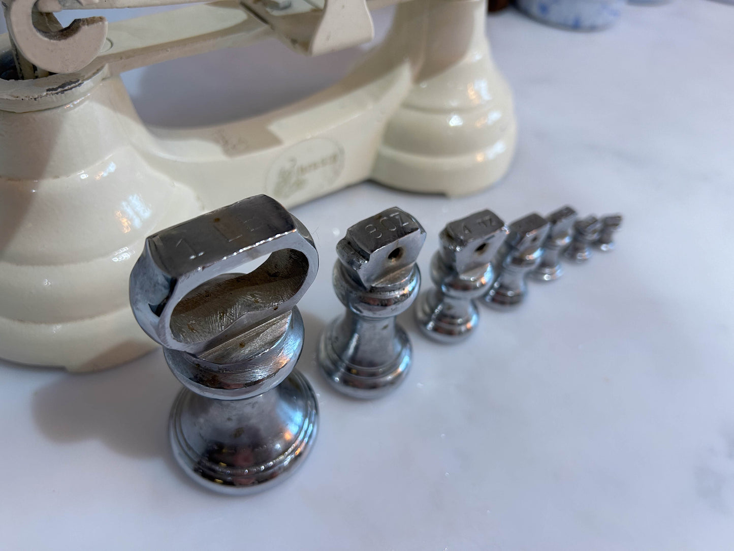 Vintage Heavy Antique Librasco White Cream Cast Iron Brass Birmingham Kitchen Weighing Scales with Chrome Weights