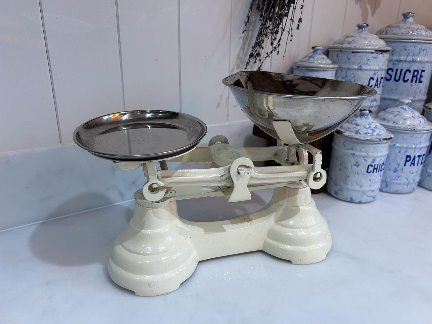 Vintage Heavy Antique Librasco White Cream Cast Iron Brass Birmingham Kitchen Weighing Scales with Chrome Weights