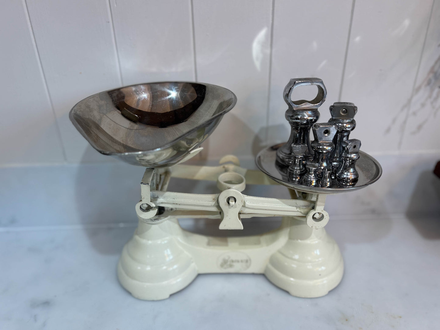 Vintage Heavy Antique Librasco White Cream Cast Iron Brass Birmingham Kitchen Weighing Scales with Chrome Weights