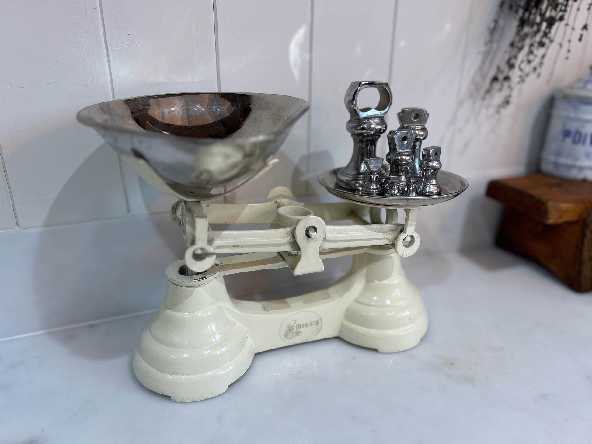 Vintage Heavy Antique Librasco White Cream Cast Iron Brass Birmingham Kitchen Weighing Scales with Chrome Weights