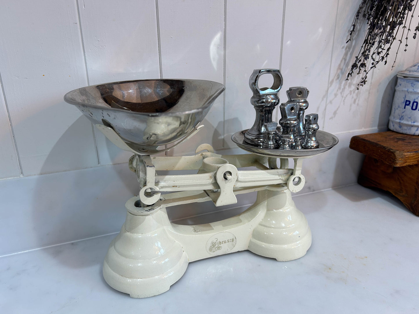 Vintage Heavy Antique Librasco White Cream Cast Iron Brass Birmingham Kitchen Weighing Scales with Chrome Weights