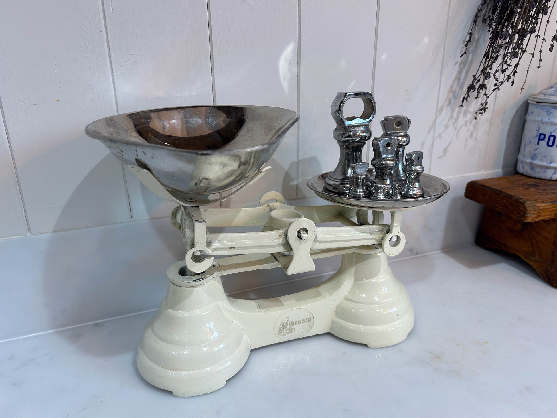 Vintage Heavy Antique Librasco White Cream Cast Iron Brass Birmingham Kitchen Weighing Scales with Chrome Weights