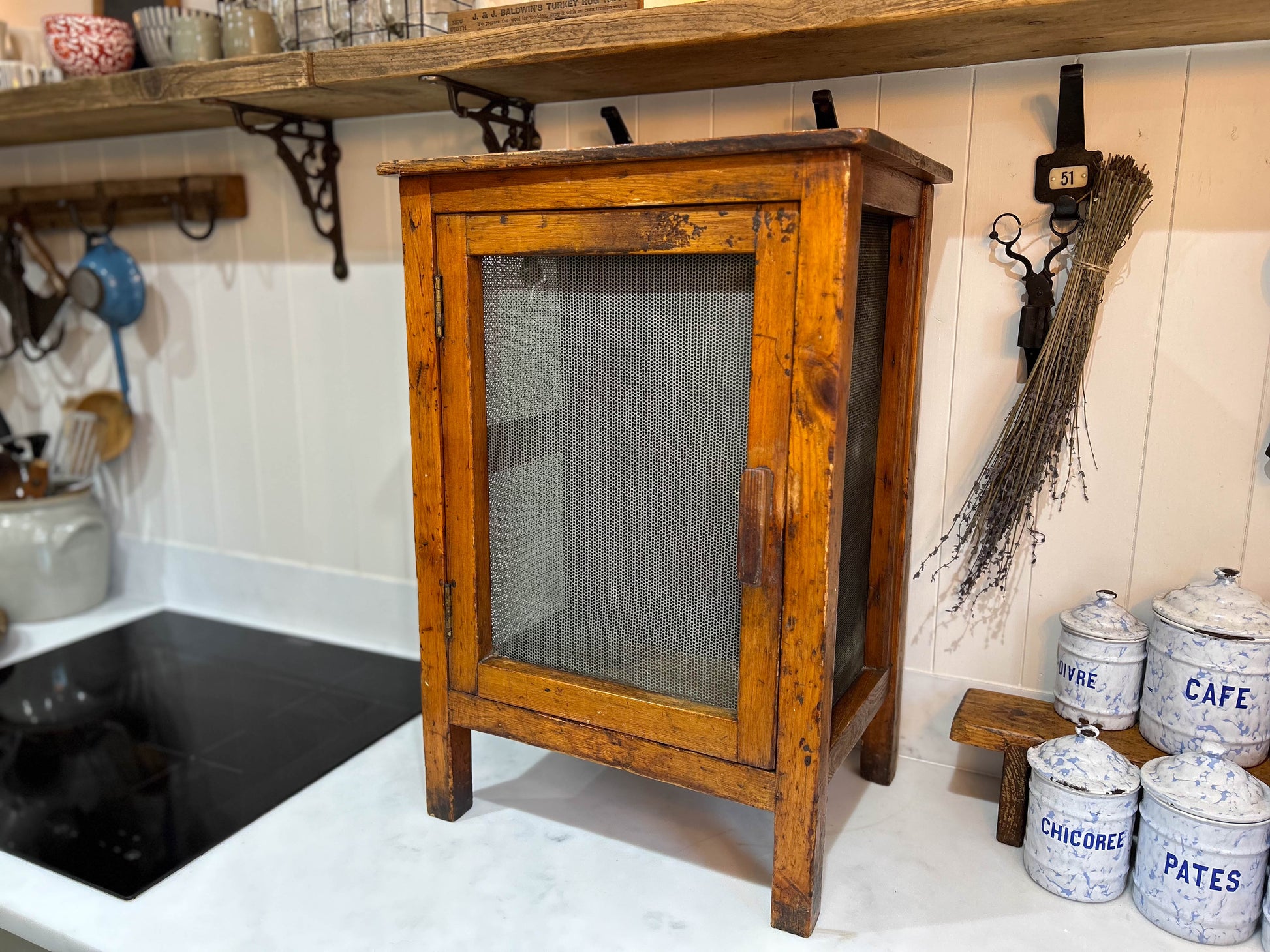 Vintage Wooden Mesh Cheese Meat Safe on Legs / Side Table