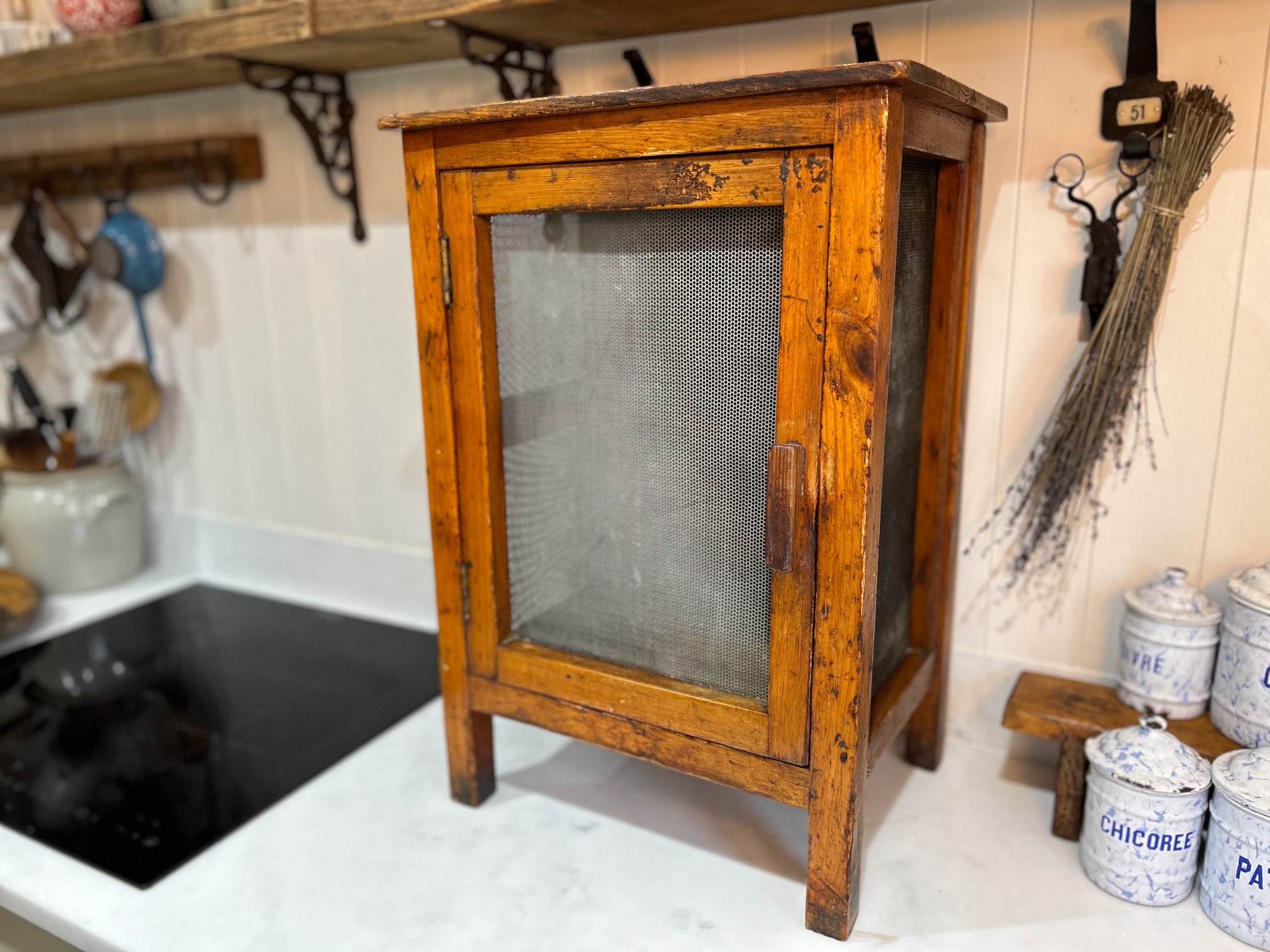 Vintage Wooden Mesh Cheese Meat Safe on Legs / Side Table