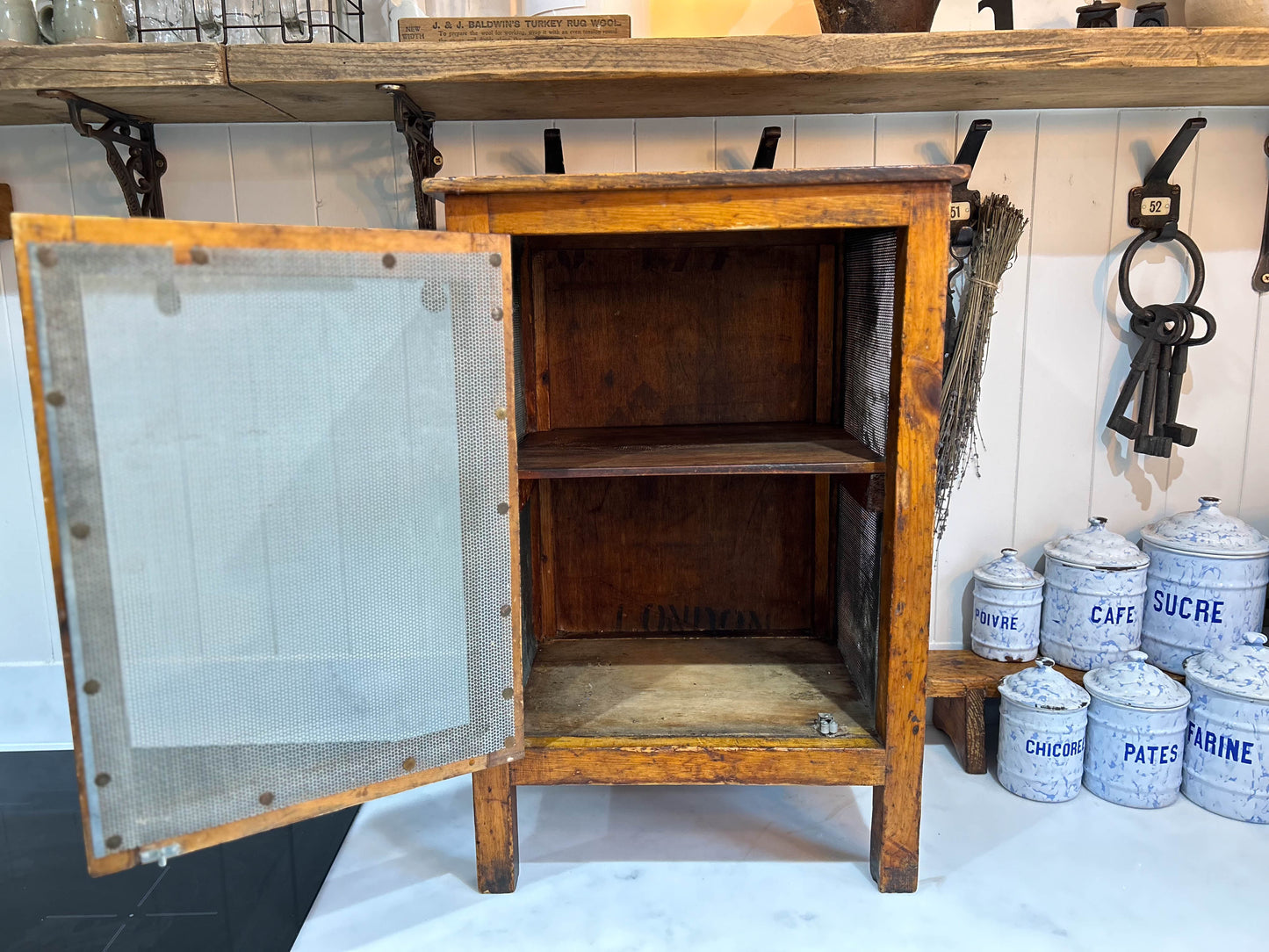 Vintage Wooden Mesh Cheese Meat Safe on Legs / Side Table