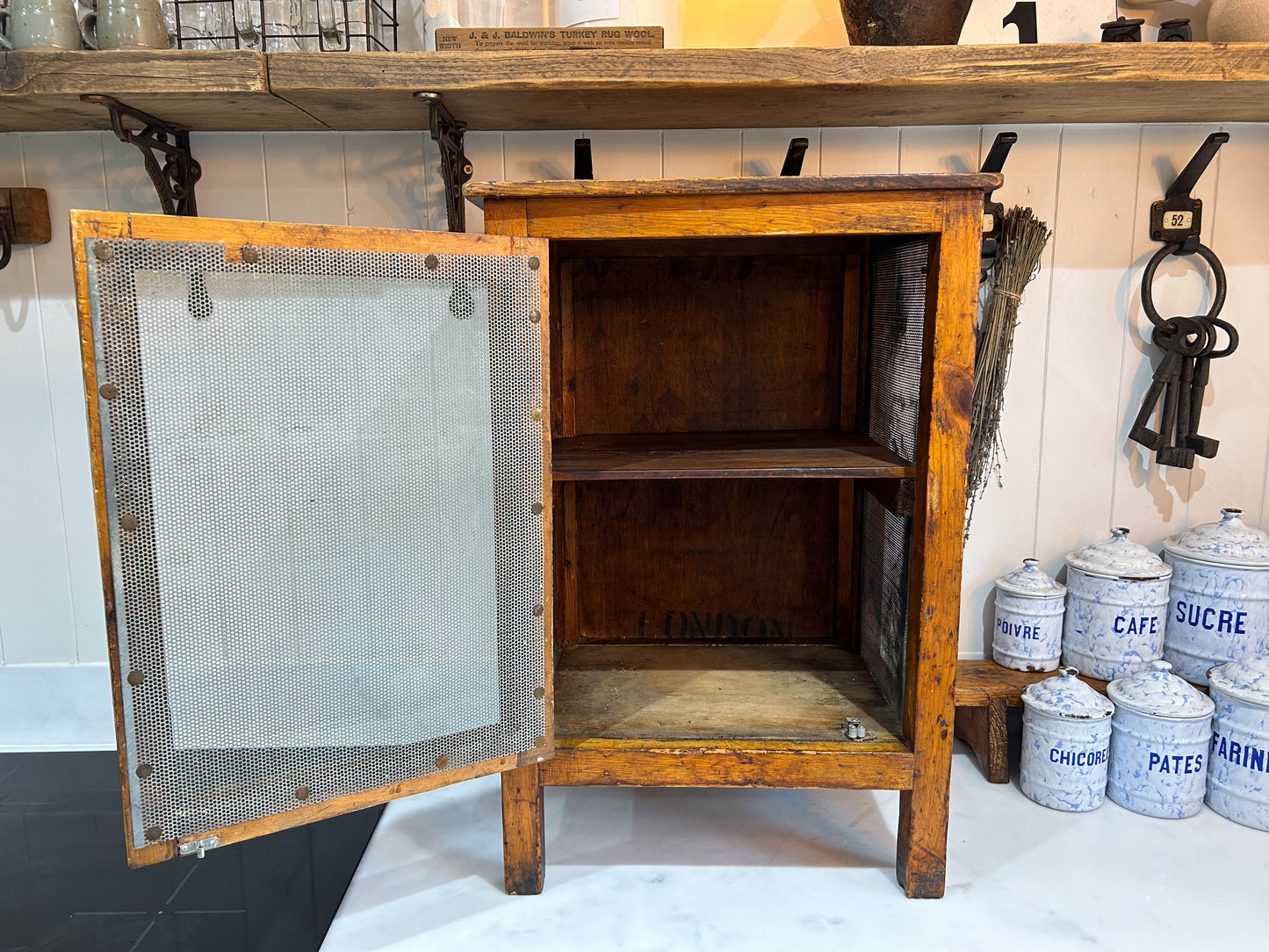 Vintage Wooden Mesh Cheese Meat Safe on Legs / Side Table