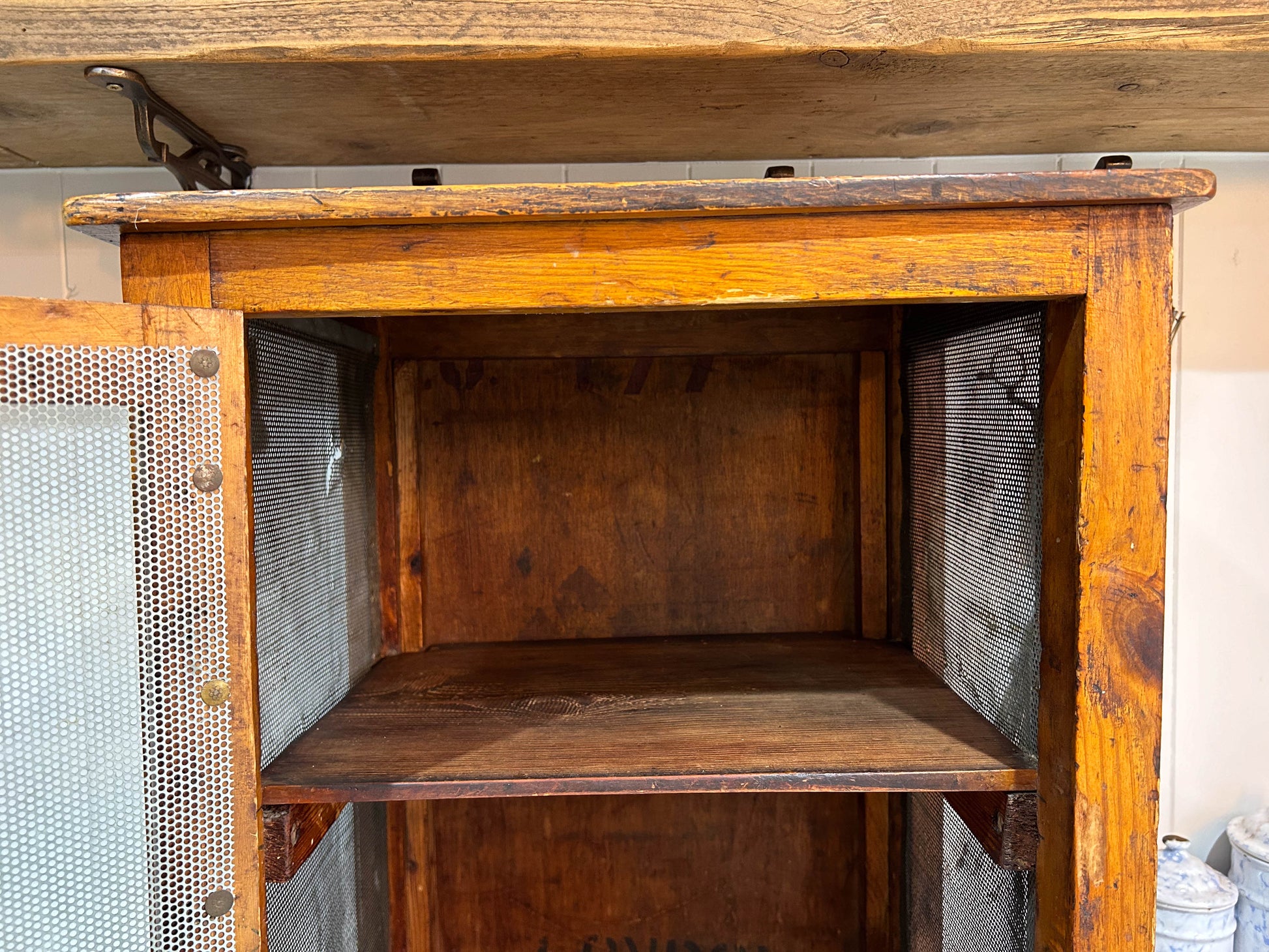 Vintage Wooden Mesh Cheese Meat Safe on Legs / Side Table