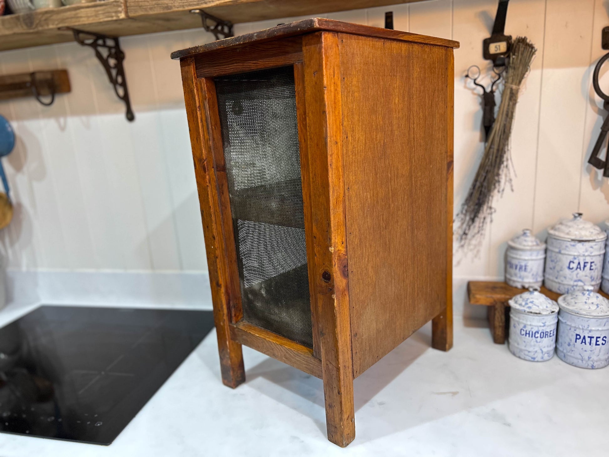 Vintage Wooden Mesh Cheese Meat Safe on Legs / Side Table