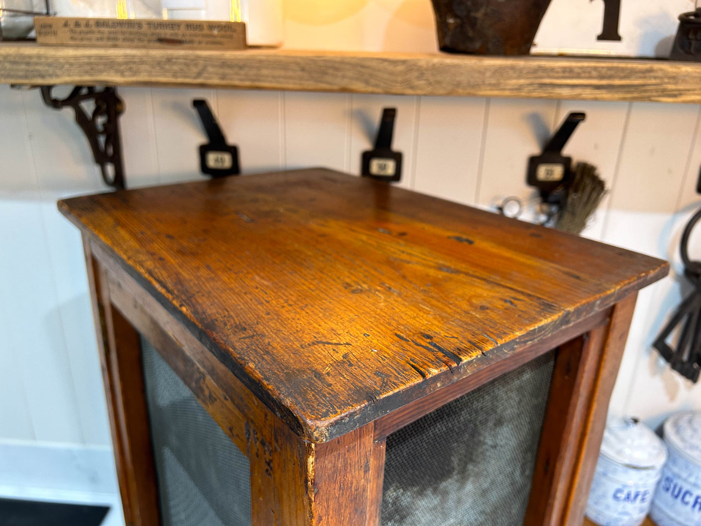 Vintage Wooden Mesh Cheese Meat Safe on Legs / Side Table