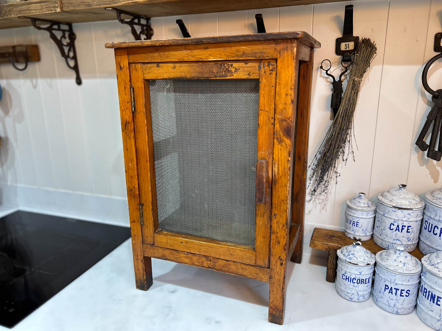 Vintage Wooden Mesh Cheese Meat Safe on Legs / Side Table