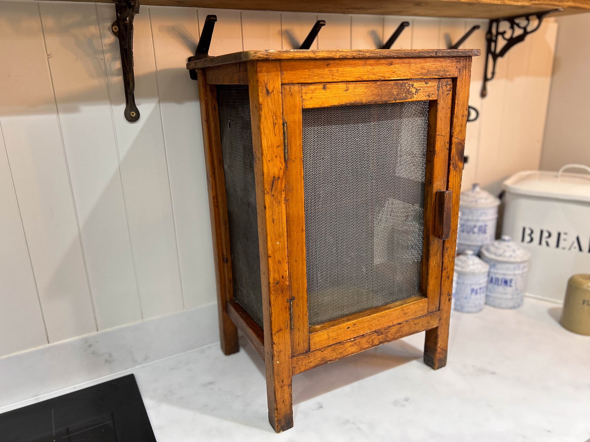 Vintage Wooden Mesh Cheese Meat Safe on Legs / Side Table