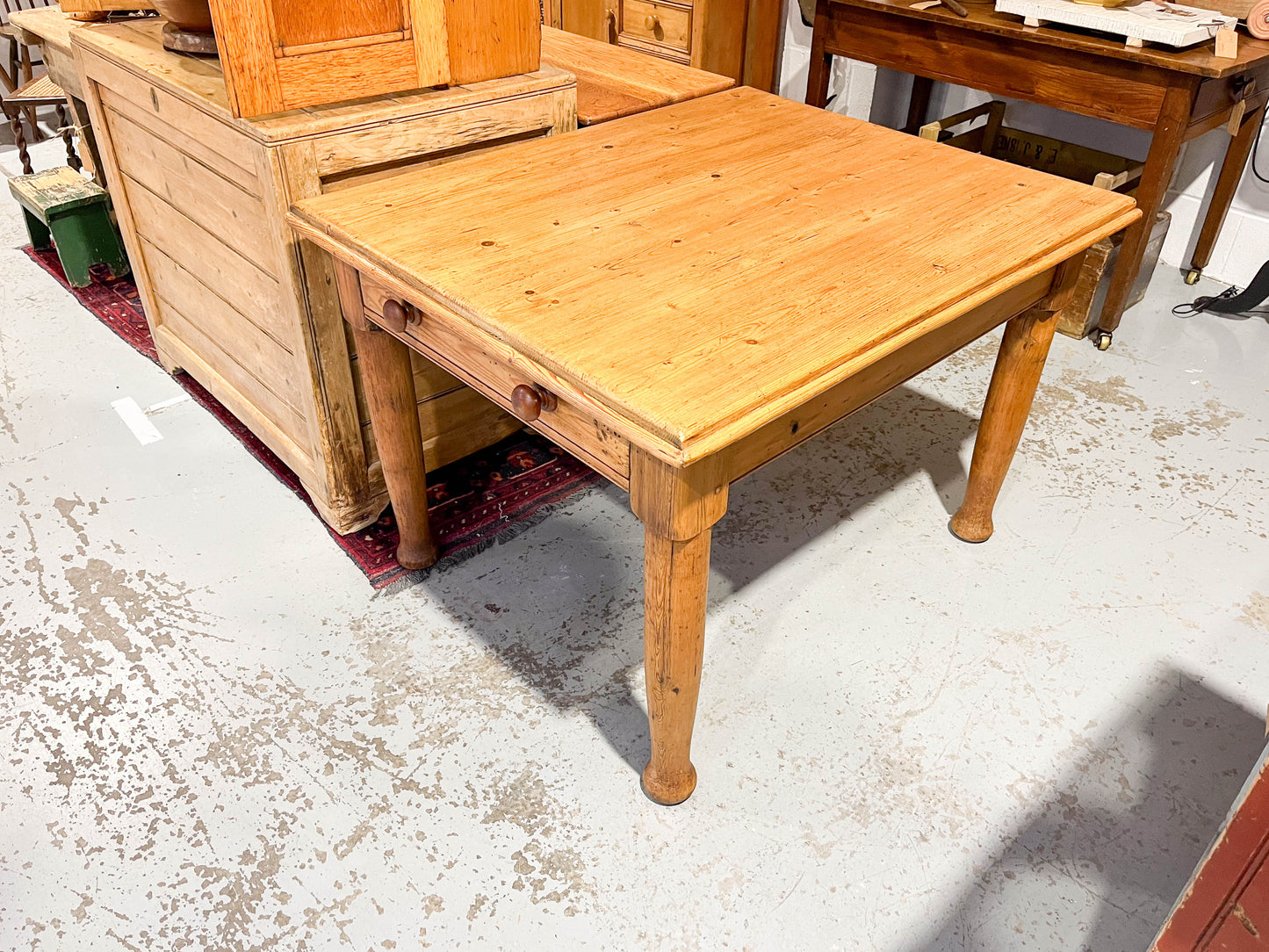 Edwardian Farm House Pitch Pine Dining Table with Single Drawer Circa 1914