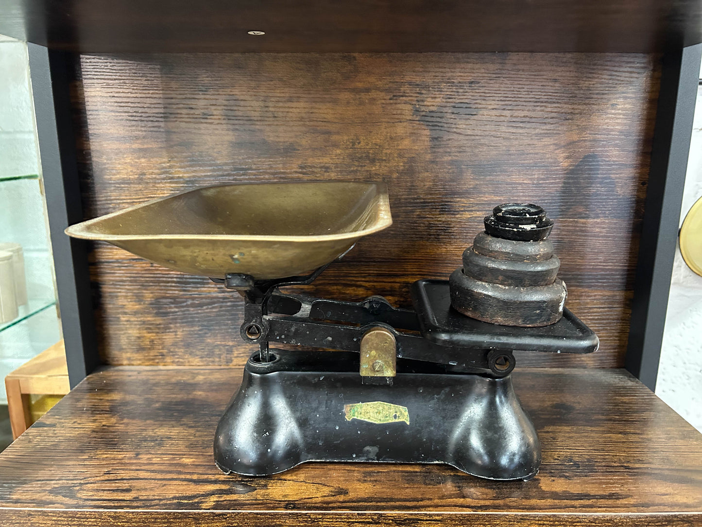 Vintage Antique Black Cast Iron Kitchen Weighing Scales with Cast Iron Weights