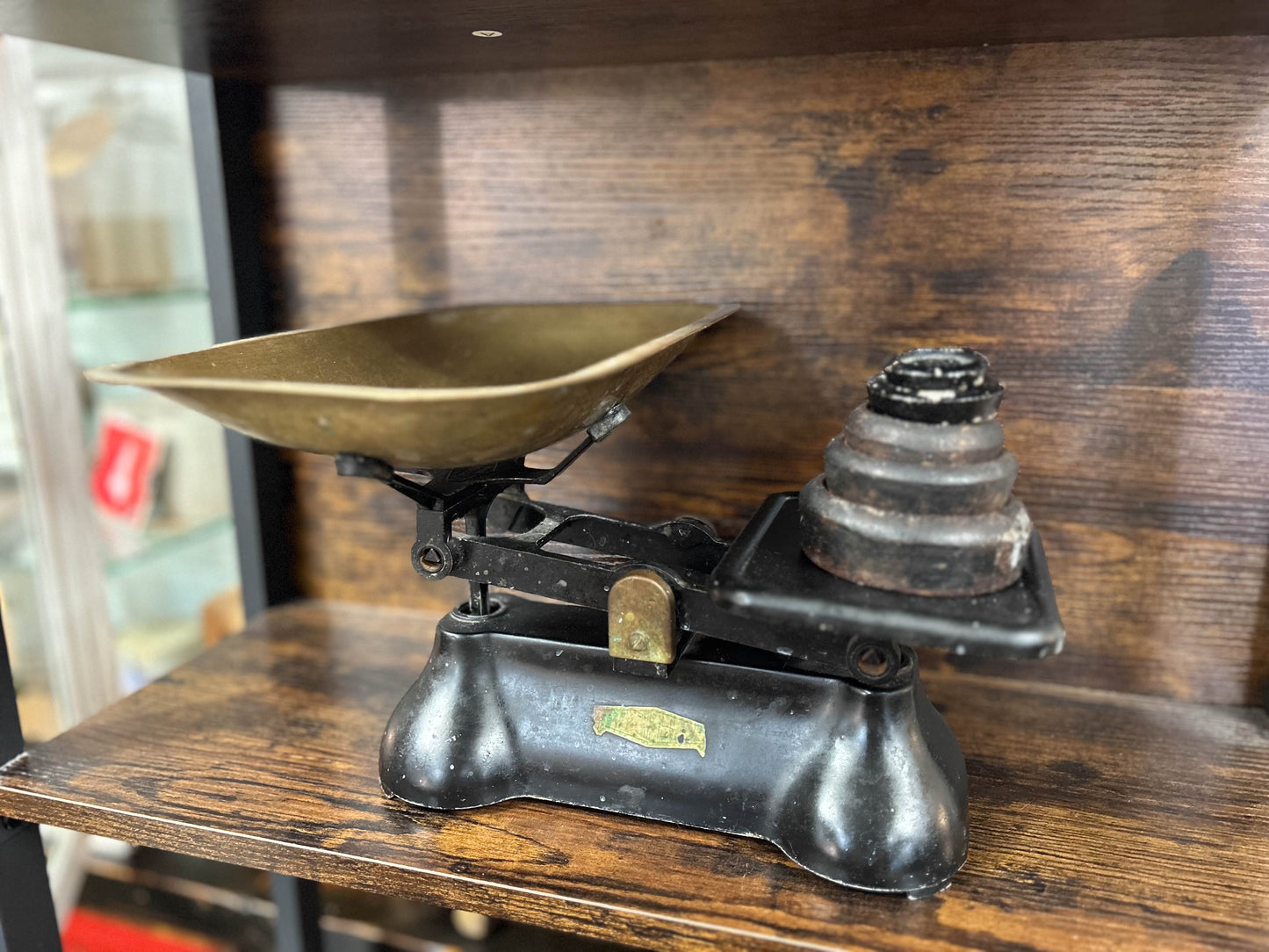 Vintage Antique Black Cast Iron Kitchen Weighing Scales with Cast Iron Weights