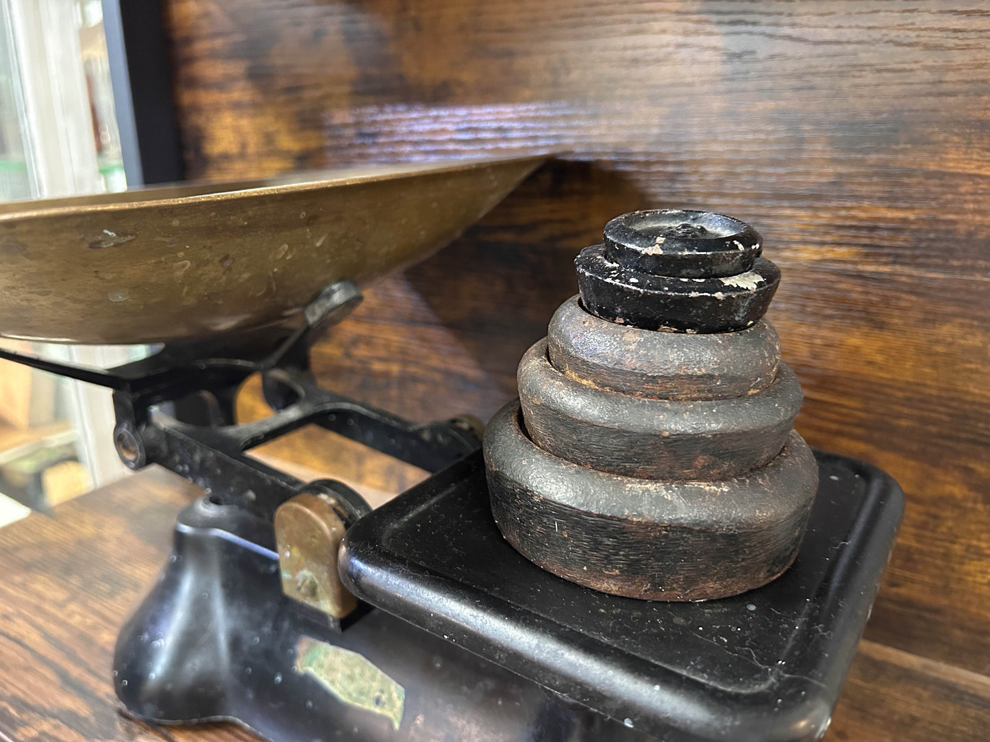 Vintage Antique Black Cast Iron Kitchen Weighing Scales with Cast Iron Weights