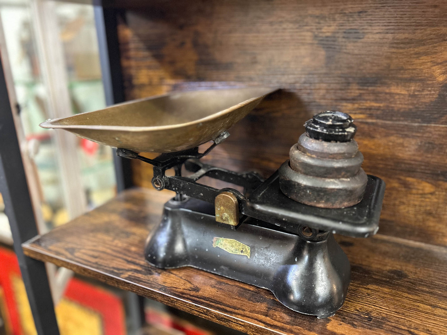 Vintage Antique Black Cast Iron Kitchen Weighing Scales with Cast Iron Weights