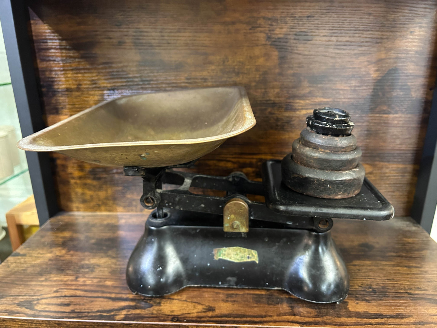 Vintage Antique Black Cast Iron Kitchen Weighing Scales with Cast Iron Weights