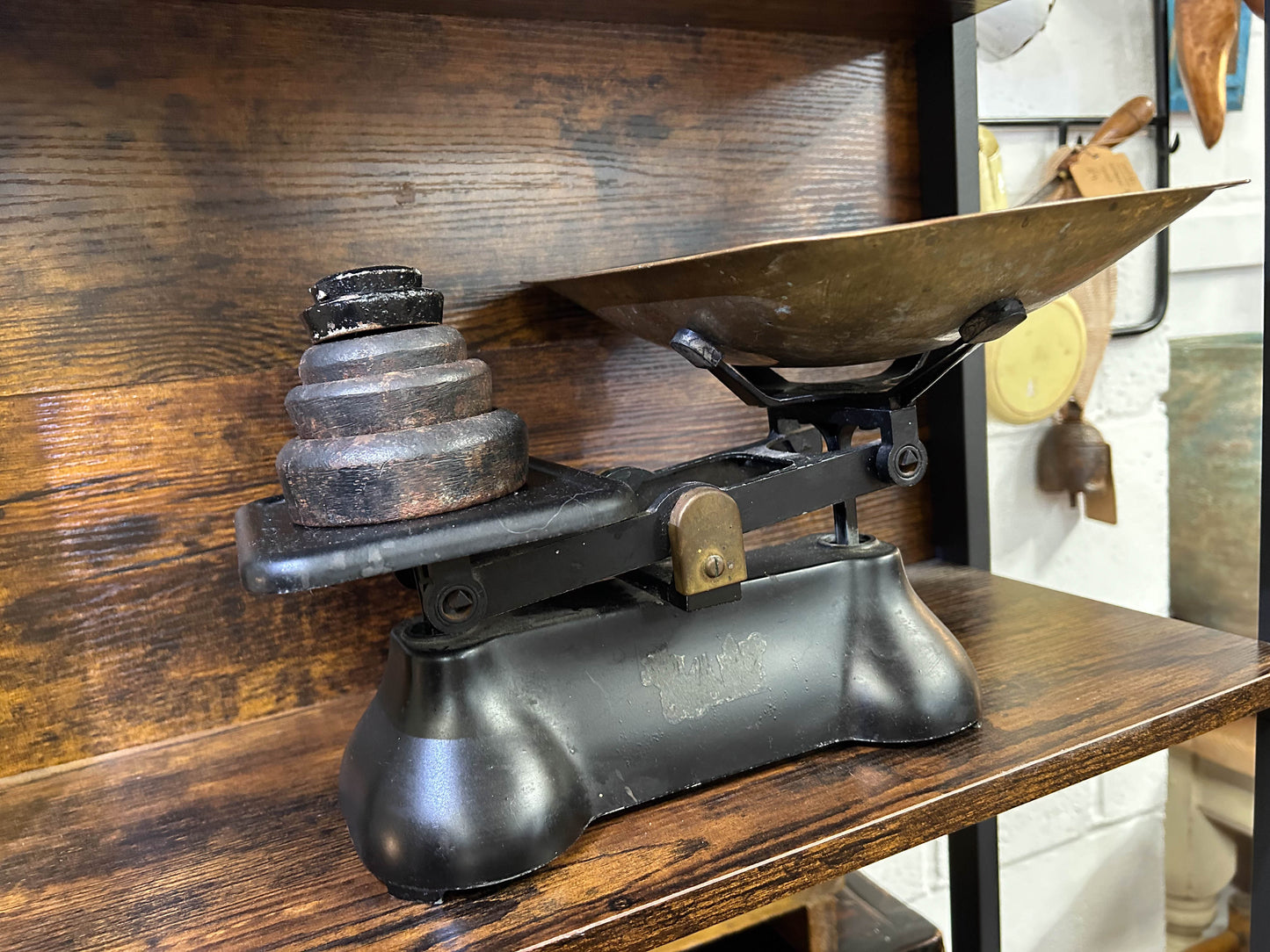 Vintage Antique Black Cast Iron Kitchen Weighing Scales with Cast Iron Weights