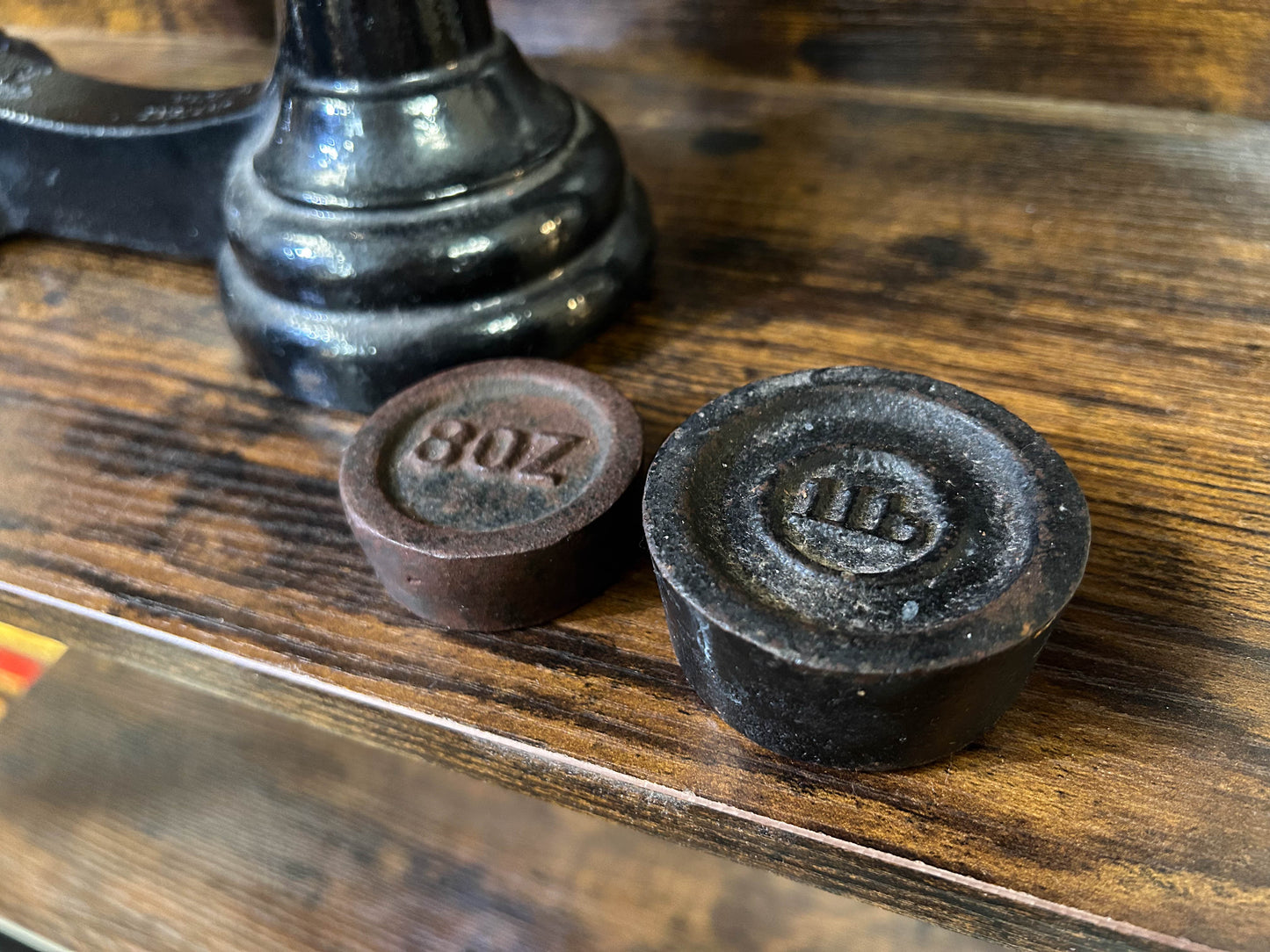 Vintage Antique Black Cast Iron Kitchen Weighing Scales with Cast Iron Weights