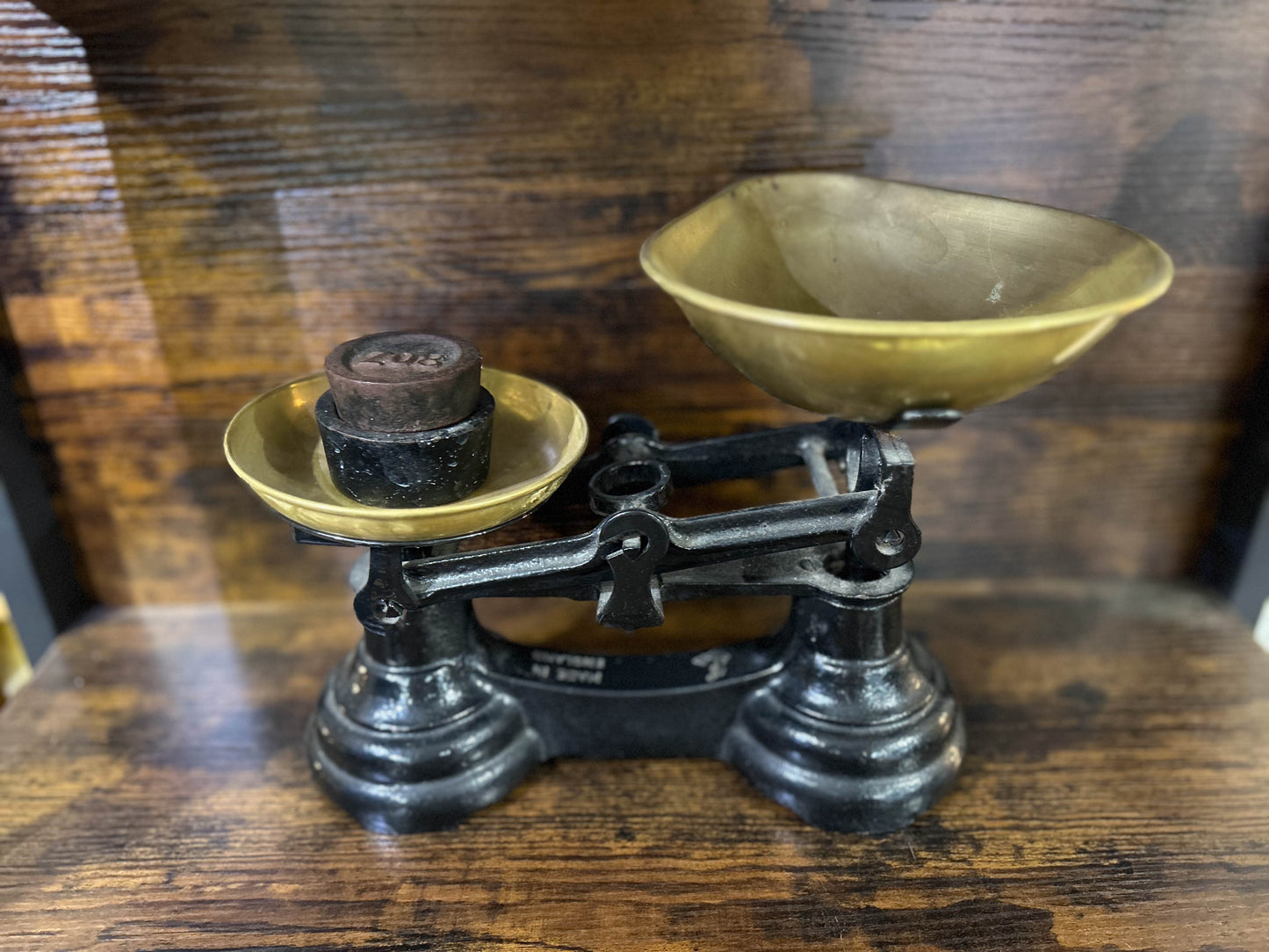 Vintage Antique Black Cast Iron Kitchen Weighing Scales with Cast Iron Weights