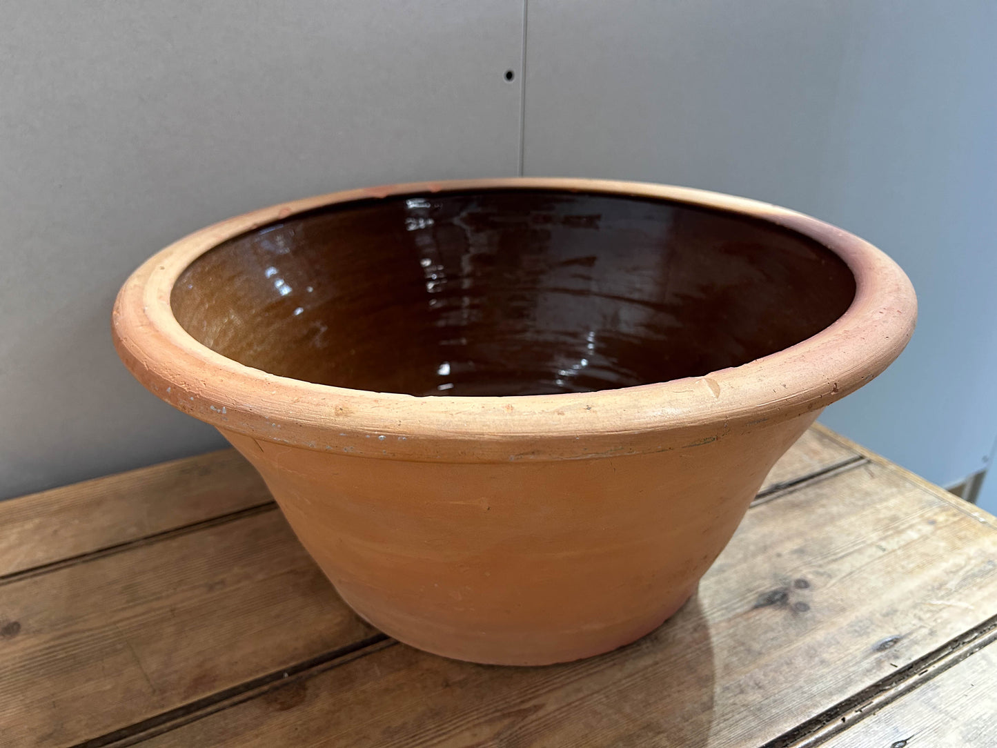 Large Vintage Antique 19th Century Terracotta Glazed Dairy Bowl