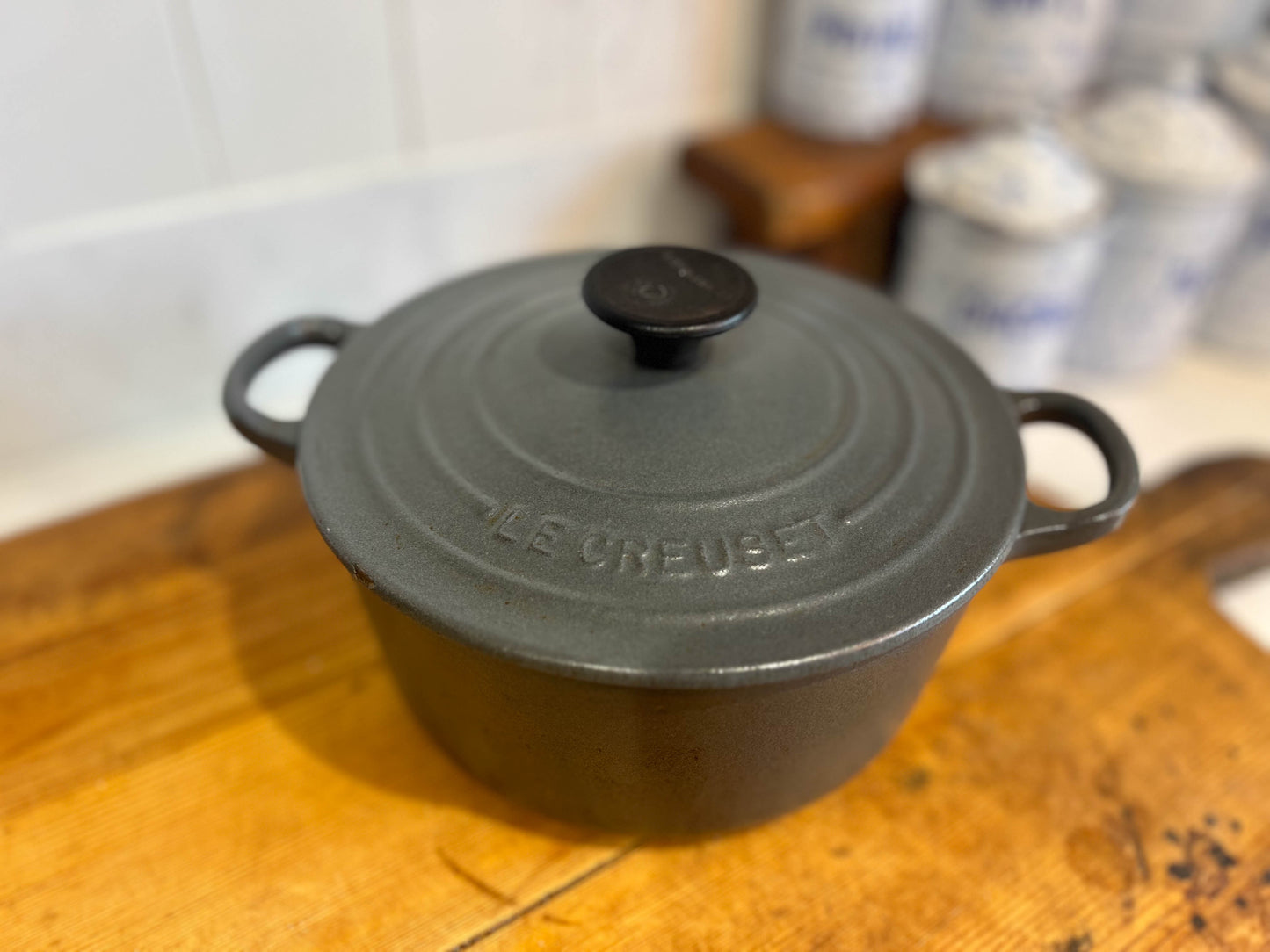 Vintage Le Creuset Dark Grey Cast Iron Cooking Pot Pan with Handles Size 18