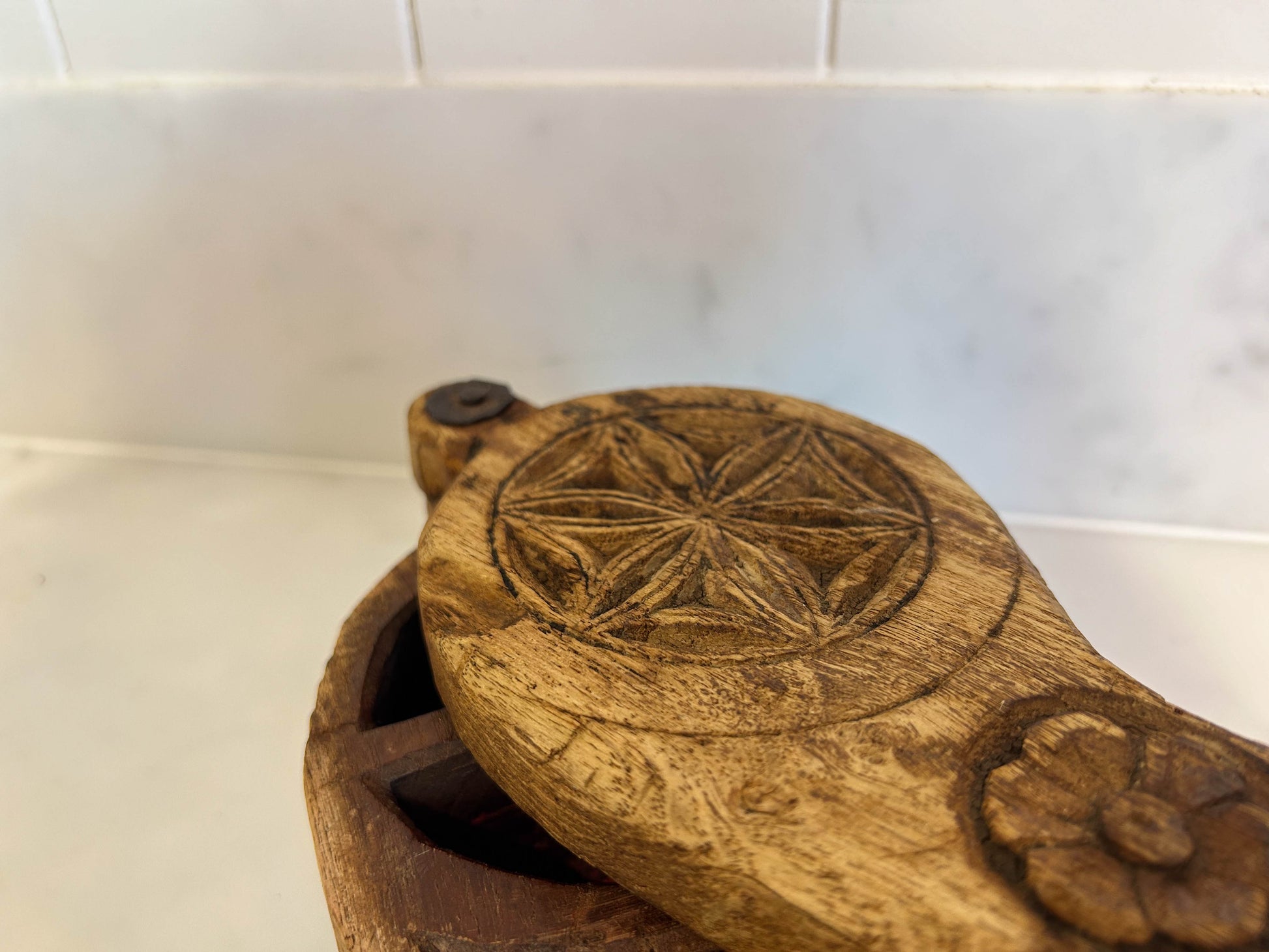 Vintage Antique Indian Carved Wooden Spice Box