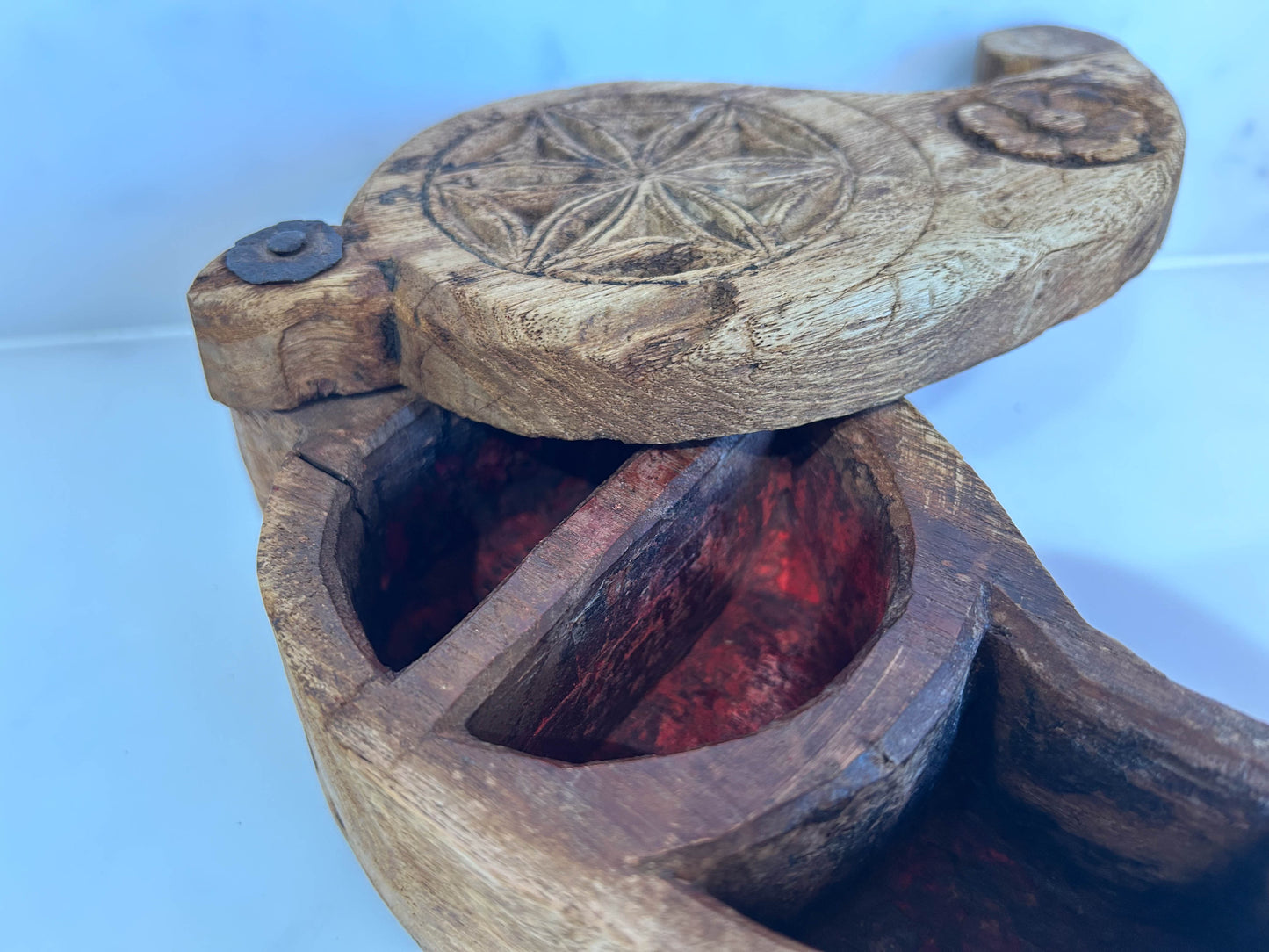 Vintage Antique Indian Carved Wooden Spice Box