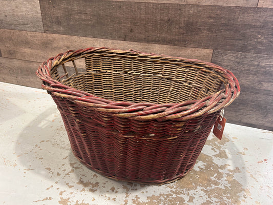 Large Vintage Wicker Log Basket / Brown & Painted Red / Log Storage / Fire Storage