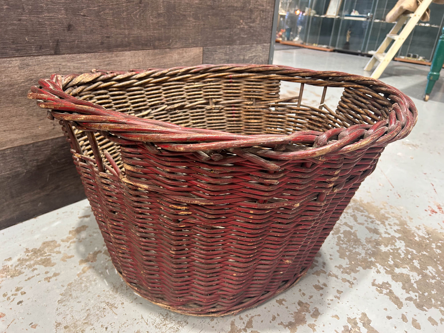 Large Vintage Wicker Log Basket / Brown & Painted Red / Log Storage / Fire Storage