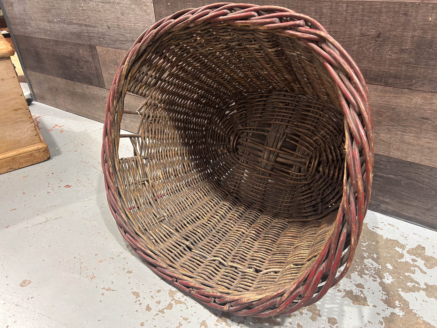 Large Vintage Wicker Log Basket / Brown & Painted Red / Log Storage / Fire Storage