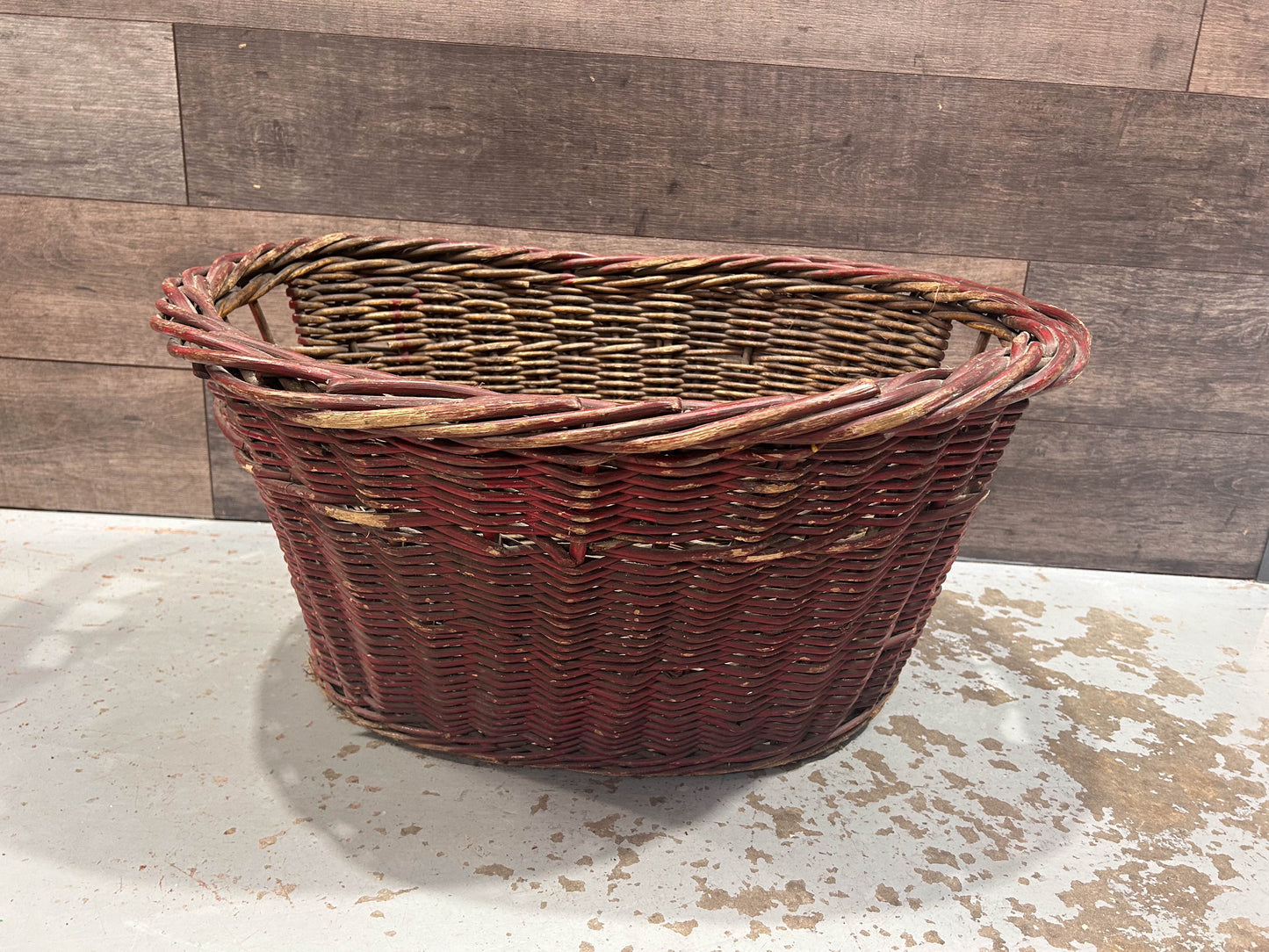 Large Vintage Wicker Log Basket / Brown & Painted Red / Log Storage / Fire Storage