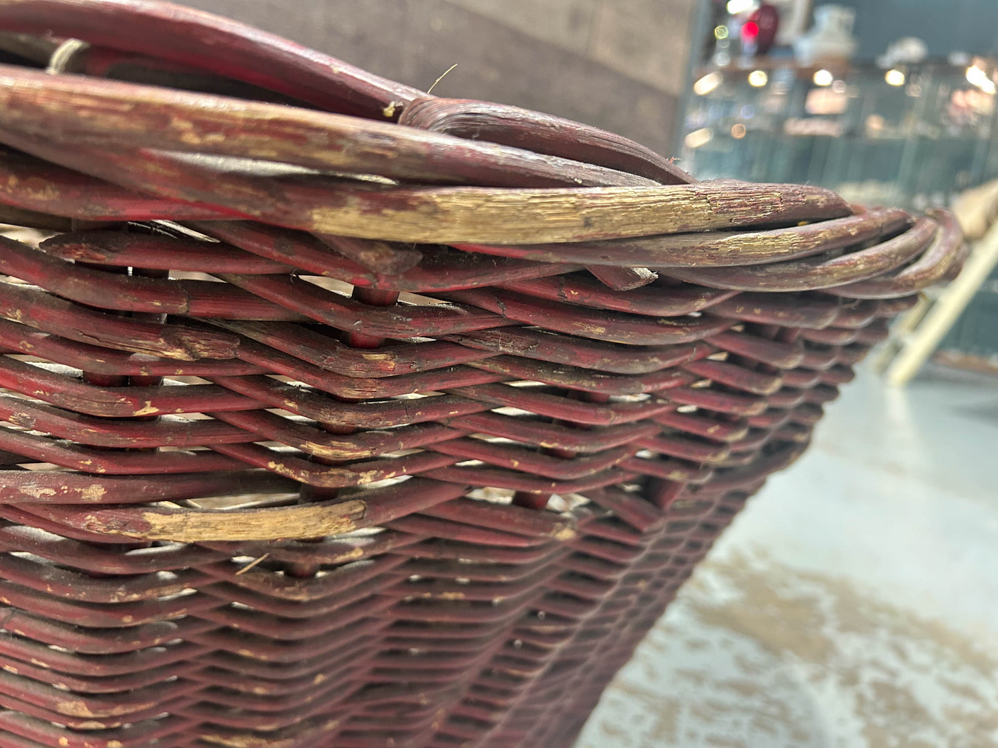 Large Vintage Wicker Log Basket / Brown & Painted Red / Log Storage / Fire Storage