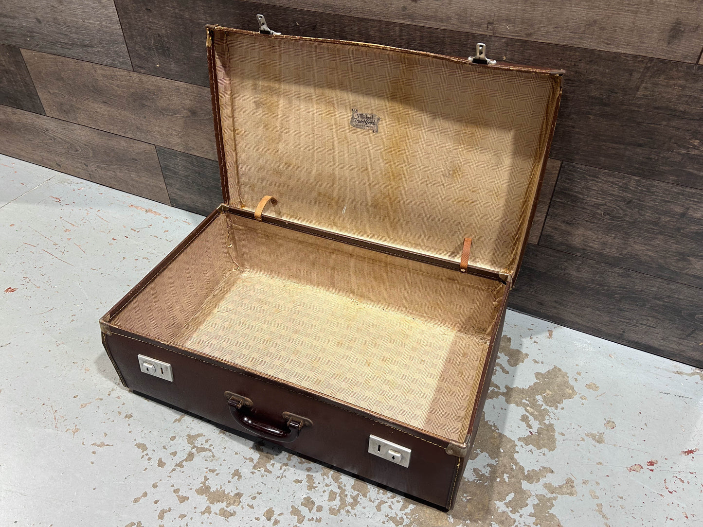 Medium Vintage Brown Suitcase with Original Paper Lining and Makers Mark