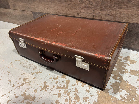 Medium Vintage Brown Suitcase with Original Paper Lining and Makers Mark