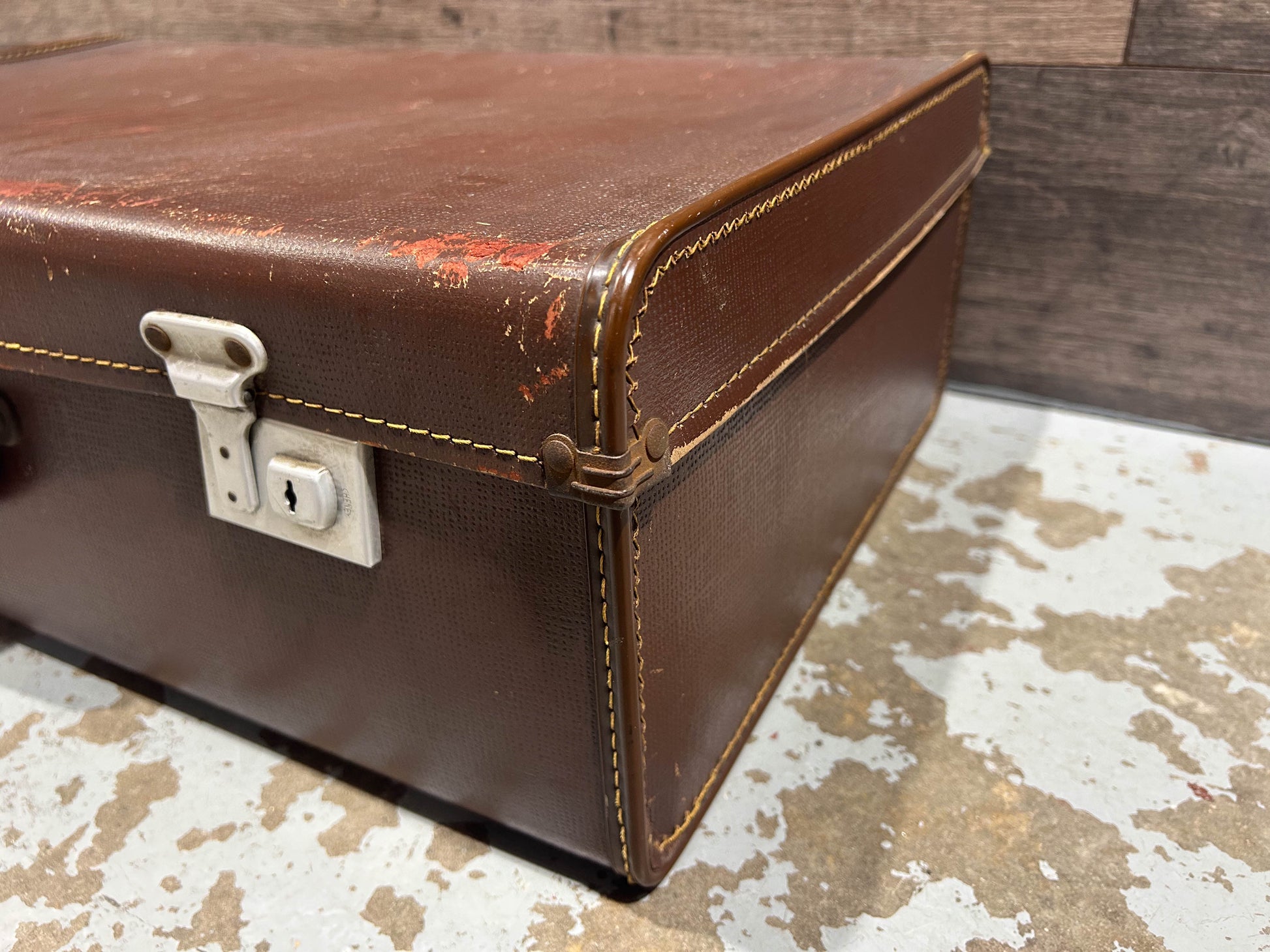 Medium Vintage Brown Suitcase with Original Paper Lining and Makers Mark