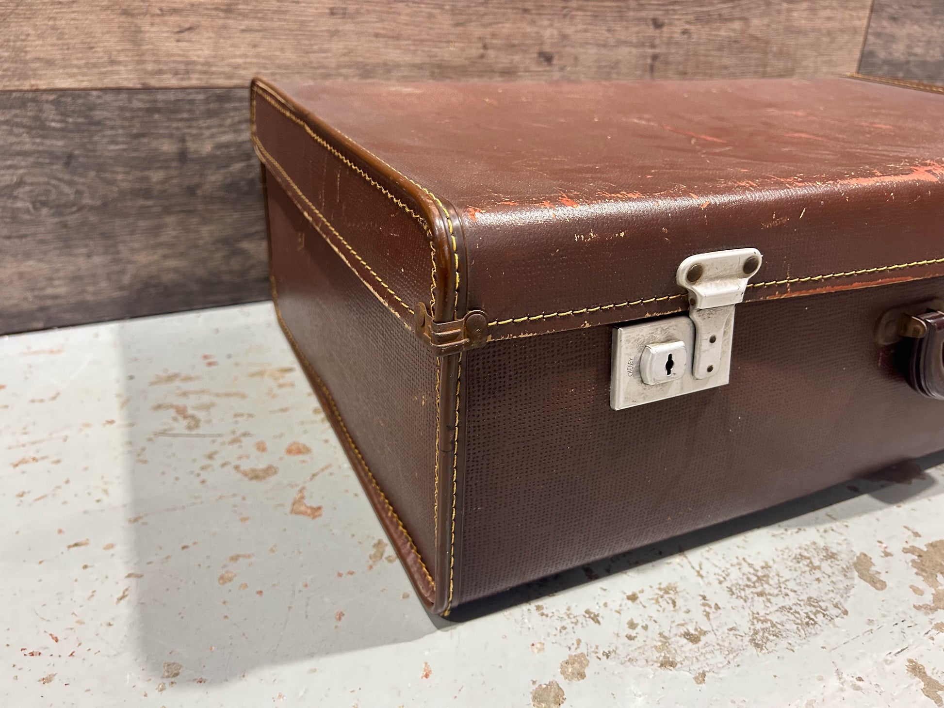 Medium Vintage Brown Suitcase with Original Paper Lining and Makers Mark