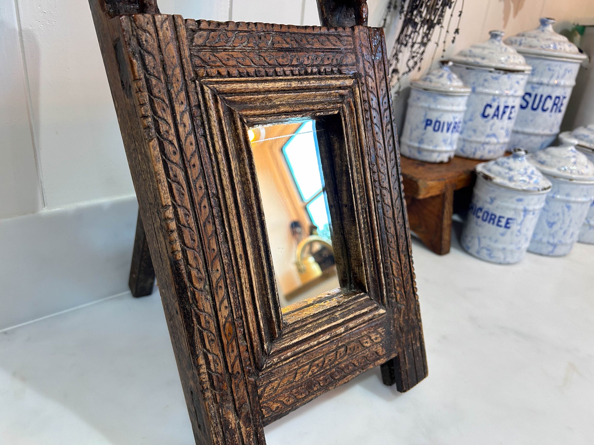 Vintage Antique Handcrafted Hand-carved Indian Wooden Folding Freestanding Mirror