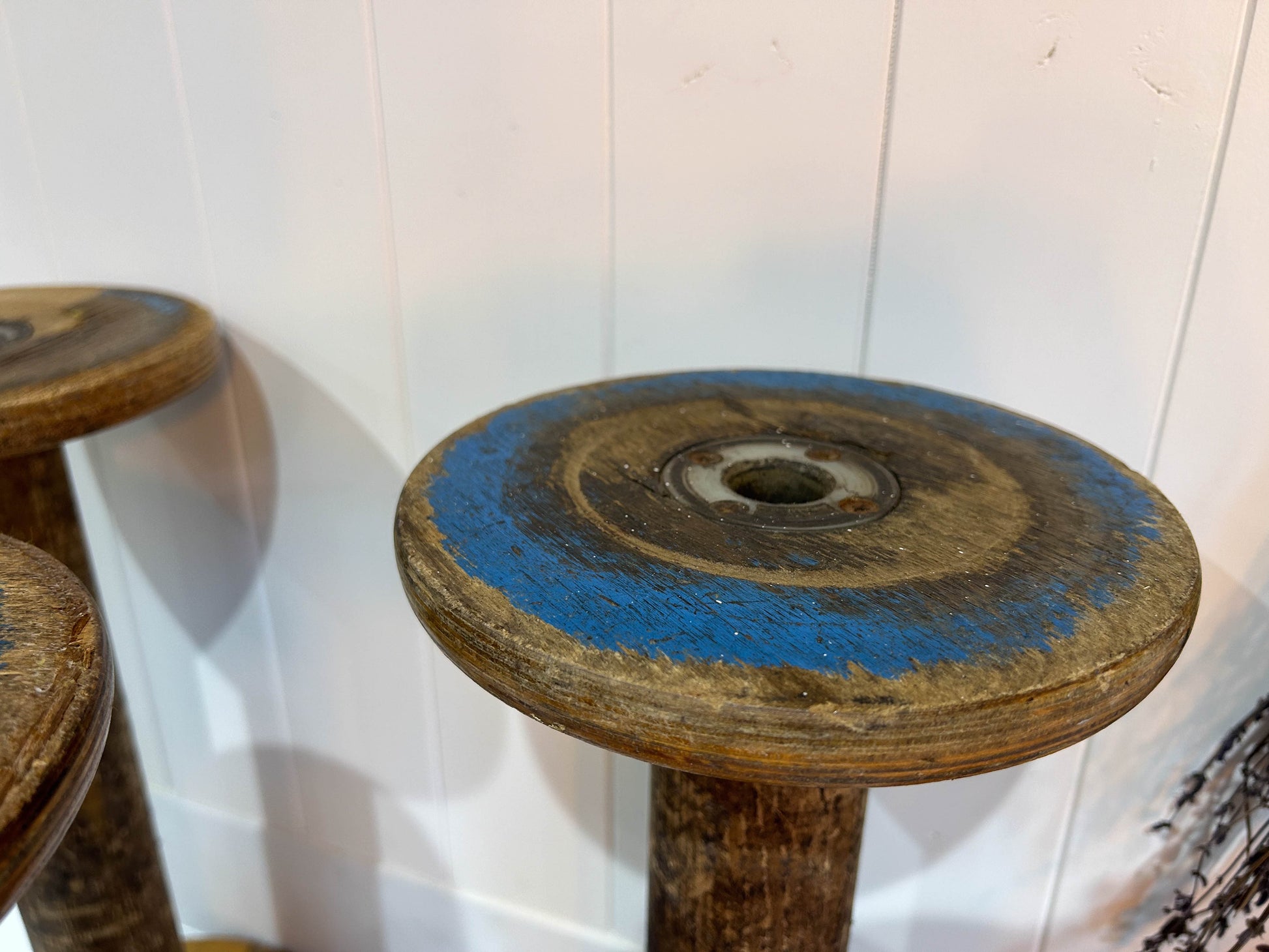 Large Vintage Antique Wooden Industrial Thread Spools Bobbins Blue Paint