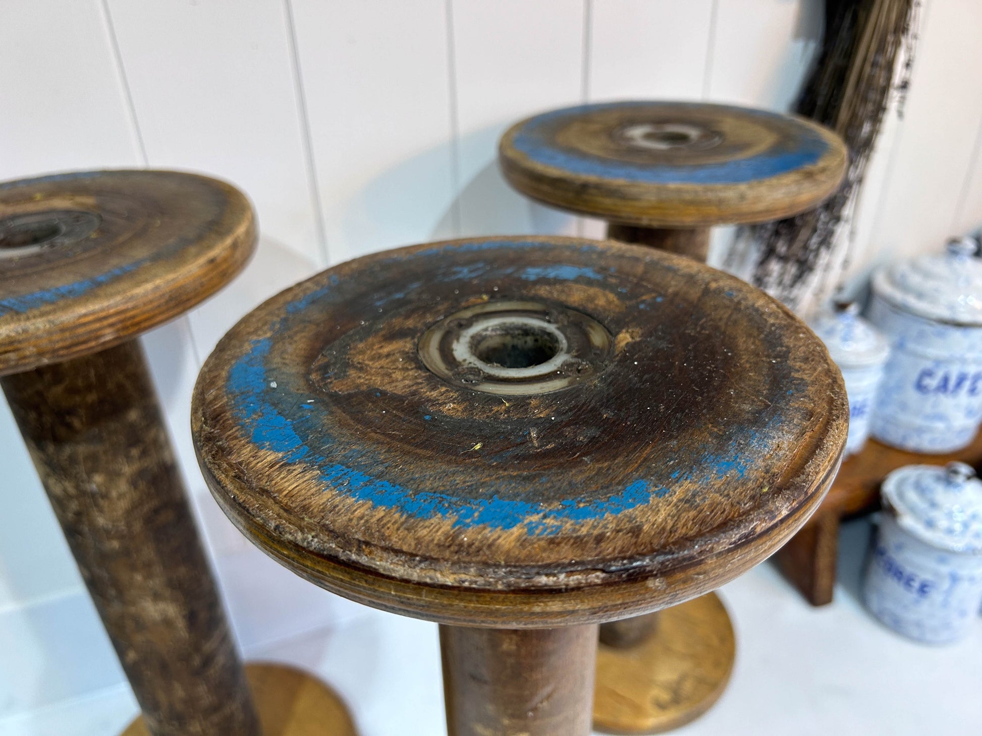 Large Vintage Antique Wooden Industrial Thread Spools Bobbins Blue Paint