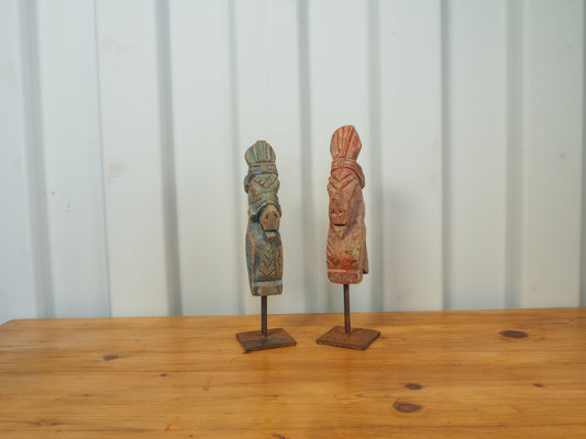 Antique Indian Hand-Carved Wooden Horses Heads on Stand / Blue & Red Paint (Sold Individually)