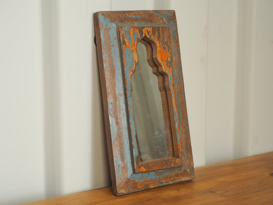 Antique Vintage Blue Green Rustic Indian Wooden Temple Mirror / Wall Decor
