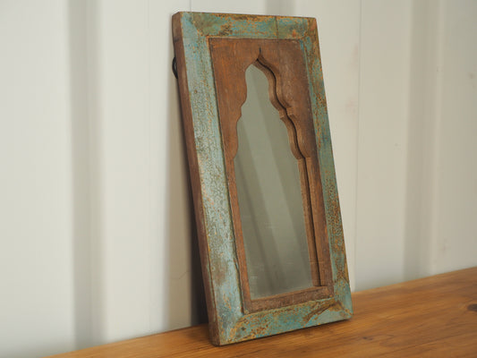 Antique Vintage Blue Green Rustic Indian Wooden Temple Mirror / Wall Decor