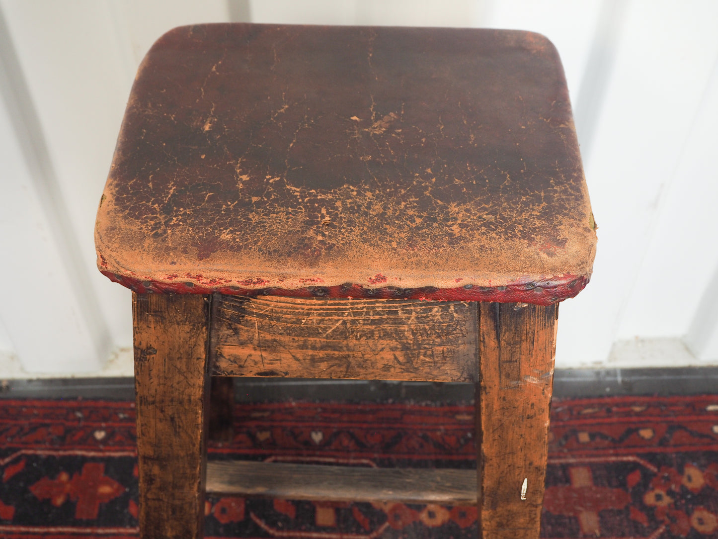 Vintage Antique Original Artists Wooden Stool / Leather Upholstered Seat